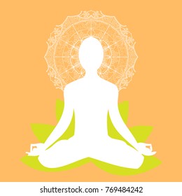 Yoga pose silhouette, lotus position, leaves and mandala design. Peach colored background. Wallpaper, backdrop, cover, yoga studio, health, meditation, peace, calm, India, spa.