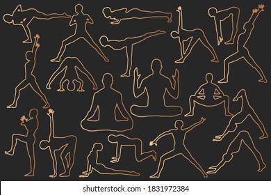 Yoga pose silhouettes big set health benefits for body, mind and emotions bronze line