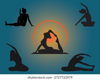Las siluetas de pose de yoga forman una composición equilibrada alrededor de un aura circular brillante, que simboliza la fuerza, la flexibilidad y la armonía interior.