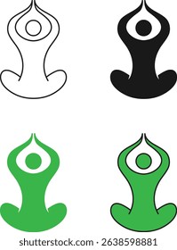 yoga pose silhouettes icon set featuring meditating human figures in a seated lotus position. Perfect for wellness, fitness, spa, and meditation related graphical project.