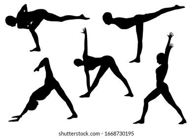 Yoga pose silhouettes set health benefits for body, mind and emotions 