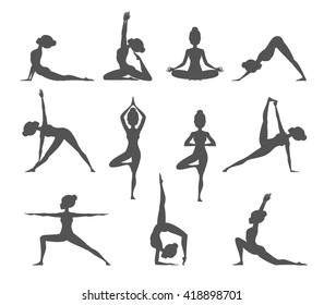 Yoga pose silhouettes. Vector illustration. Set with beautiful woman silhouettes in various poses of yoga.