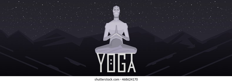 Yoga pose skill vector illustration with a man of the future.Dark landscape vector.
