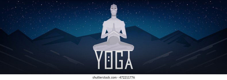 Yoga pose skill vector illustration with a man of the future.Realistic landscape vector.