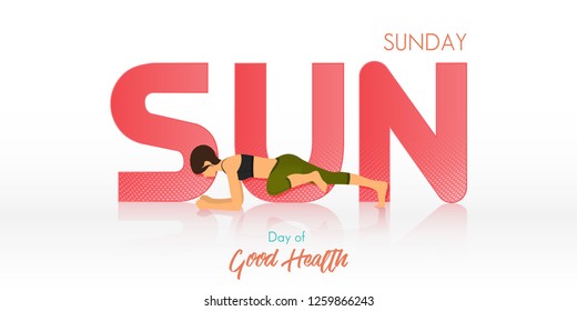 Yoga pose for Sunday banner. Yoga routine header for calendar template. Woman figures exercise in black shirt and green yoga pants  in Month of Good Health concept. Vector Illustration.