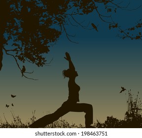 yoga pose at sunset background 