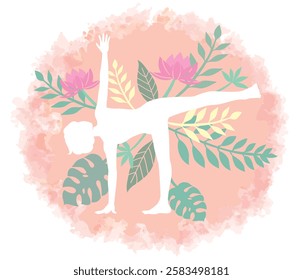 Yoga pose surrounded by botanical images. Woman doing physical exercises. Vector illustration.