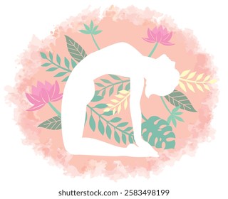 Yoga pose surrounded by botanical images. Woman doing physical exercises. Vector illustration.