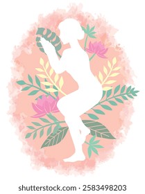 Yoga pose surrounded by botanical images. Woman doing physical exercises. Vector illustration.