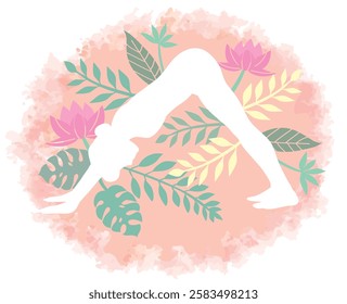 Yoga pose surrounded by botanical images. Woman doing physical exercises. Vector illustration.