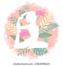 Yoga pose surrounded by botanical images. Woman doing physical exercises. Vector illustration.