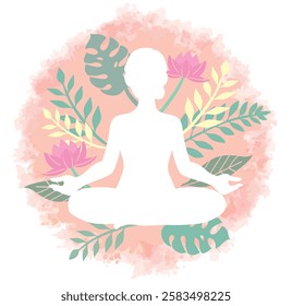 Yoga pose surrounded by botanical images. Woman doing physical exercises. Vector illustration.