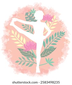 Yoga pose surrounded by botanical images. Woman doing physical exercises. Vector illustration.