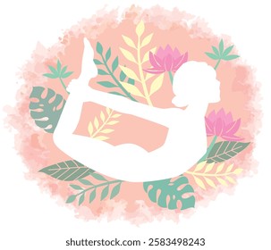 Yoga pose surrounded by botanical images. Woman doing physical exercises. Vector illustration.