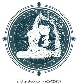 Yoga pose symbol  with woman Silhouette. Sport Fitness poster. For print on T-shirt and bags, yoga studio or fitness club. Vector illustration