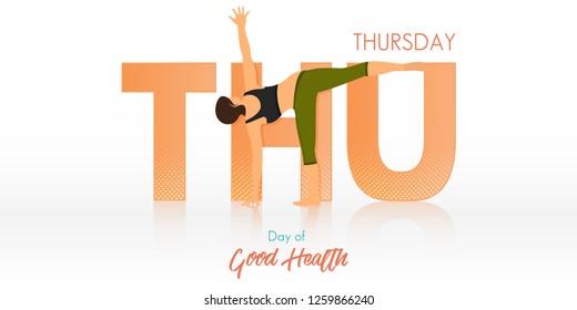 Yoga pose for Thursday banner. Yoga routine header for calendar template. Woman figures exercise in black shirt and green yoga pants  in Month of Good Health concept. Vector Illustration.