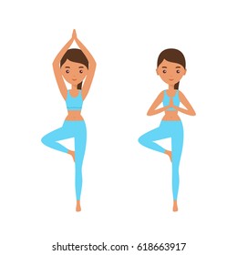 Yoga. Pose Tree. Flat woman standing in yoga pose Vrikshasana. Female character icon. Vector illustration.