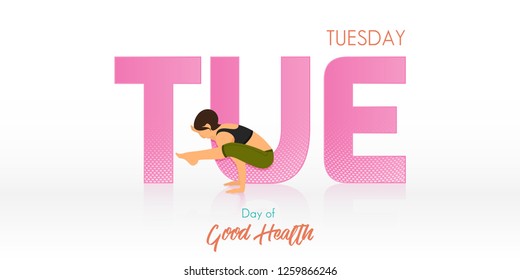 Yoga pose for Tuesday banner. Yoga routine header for calendar template. Woman figures exercise in black shirt and green yoga pants  in Month of Good Health concept. Vector Illustration.