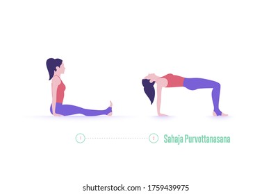 Yoga pose. Upward table pose - Sahaja Purvottanasana. Exercise step by step