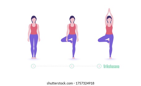 Yoga pose. Vrikshasana. Tree pose - exercise step by step. Vector