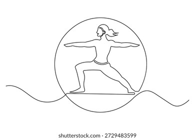 Yoga pose guerrero en línea continua de una línea de dibujo estilo minimalista aislar contorno