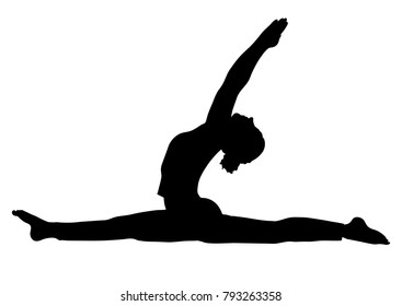 Yoga pose, woman to do the splits silhouette, vector outline portrait, gymnast figure, black and white contour outline drawing. Isolated on white background