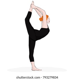 Yoga pose, woman doing stretching legs, leg split, vector multicolored drawing portrait. Cartoon girl is engaged in gymnastics. Isolated on white background