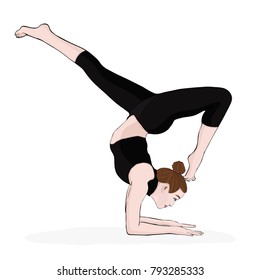 Yoga pose, woman handstand, vector multicolored drawing portrait. Meditation, is engaged in gymnastics cartoon girl makes a stand on the hands. Isolated on white background