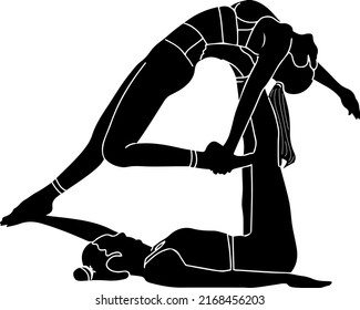 Yoga pose woman logo, silhouette of two fit girl in stylish yoga poses, line art illustration of two girl holding hands each other and doing exercise