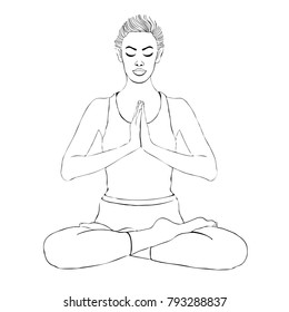 Yoga pose, woman meditating in a lotus pose, vector coloring drawing portrait. Meditation relaxation girl sitting cross-legged, outline black and white illustration. Isolated on white background