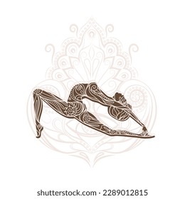 Yoga pose woman silhouette. Element hand drawn. Ornament beautiful card with silhouette yoga. Perfect cards for design, holiday, kaleidoscope, medallion, yoga, india. Tattoo, print and logo design.