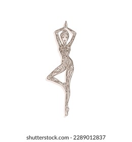 Yoga pose woman silhouette. Element hand drawn. Ornament beautiful card with silhouette yoga. Perfect cards for design, holiday, kaleidoscope, medallion. Tattoo, print and logo design. Isolated vector