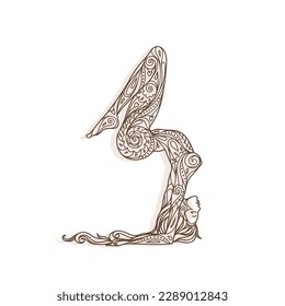 Yoga pose woman silhouette. Element hand drawn. Ornament beautiful card with silhouette yoga. Perfect cards for design, holiday, kaleidoscope, medallion. Tattoo, print and logo design. Isolated vector
