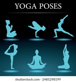 Yoga poses. 6 pieces. Vector. Silhouettes on a dark background