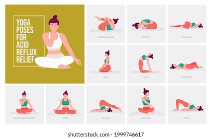 Yoga poses For Acid Reflux Relief. Young woman practicing Yoga pose. Woman workout fitness, aerobic and exercises. Vector Illustration.	
