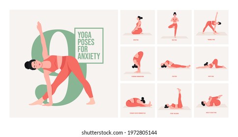 yoga poses for Anxiety. Young woman practicing Yoga pose. Woman workout fitness, aerobic and exercises. Vector Illustration.