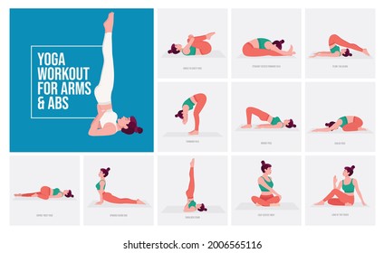 Yoga poses For Arms and ABS. Young woman practicing Yoga pose. Woman workout fitness, aerobic and exercises. Vector Illustration.	
