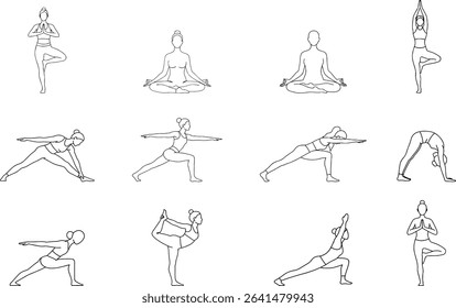 yoga poses art illustration vector outline isolated meditation male female fitness for beginner