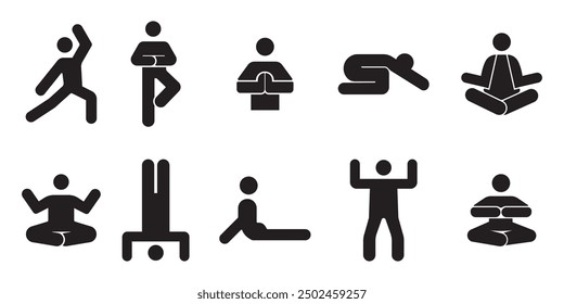 yoga poses asanas icons set. For logo yoga branding. Yoga people infographics. Stick figures. various yoga positions, stance, poses, and workout.