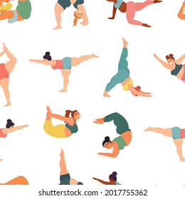 yoga poses and asanas. seamless pattern with fat chubby women yogis. stock vector sports fitness pattern isolated on white background.