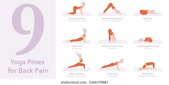 Yoga poses for Back Pain. Elderly woman practicing yoga asana. Healthy lifestyle. Full body yoga, fitness, aerobic and exercises workout. Flat cartoon character. Vector illustration
