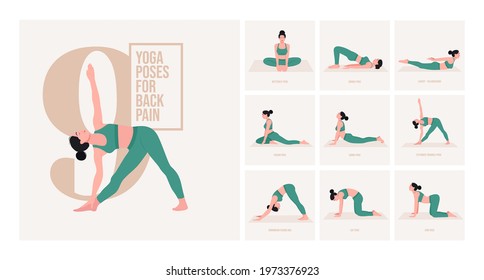 yoga poses for Back pain. Young woman practicing Yoga pose. Woman workout fitness, aerobic and exercises. Vector Illustration.