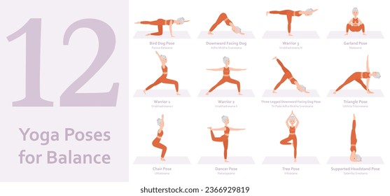 Yoga poses for Balance. Elderly woman practicing yoga asana. Healthy lifestyle. Full body yoga, fitness, aerobic and exercises workout. Flat cartoon character. Vector illustration