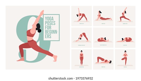 yoga poses for Beginner. Young woman practicing Yoga pose. Woman workout fitness, aerobic and exercises. Vector Illustration.