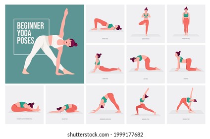 Yoga posa para principiantes. Joven practicando pose de yoga. Las mujeres entrenan en gimnasia, aeróbic y ejercicios. Ilustración vectorial.	