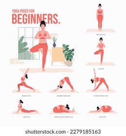 Yoga poses For Beginners. Young woman practicing Yoga pose. Woman workout fitness, aerobic and exercises.