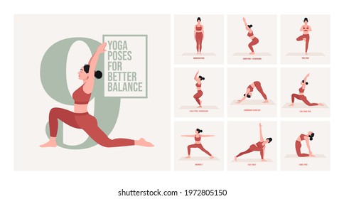 yoga poses for Better Balance. Young woman practicing Yoga pose. Woman workout fitness, aerobic and exercises. Vector Illustration.