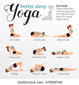 Yoga poses for better sleep. Vector illustrations with woman in sport bra and shorts doing asanas from insomnia and relaxing. Healthy poster in flat vector design.