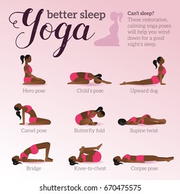 Yoga poses for better sleep. Vector illustrations with woman in sport bra and shorts doing asanas from insomnia and relaxing. Healthy poster in flat vector design. On rose gradient background.