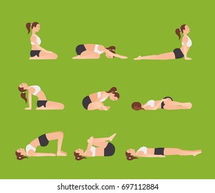 Yoga poses for better sleep. Vector illustrations with woman in sport bra and shorts doing asanas from insomnia and relaxing. Healthy poster in flat vector design. On greenery background.
